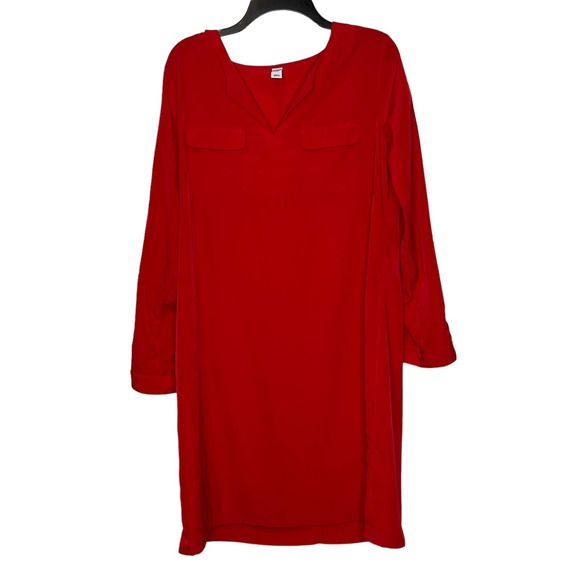 Old Navy V Neck Pockets Roll up Tab Long Sleeve Shift‎ Dress Red Women Large - Picture 1 of 10